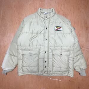 Vintage Trojan XL (Fits 2XL) Beige Long Sleeve Full Button & Zip Puffer Jacket